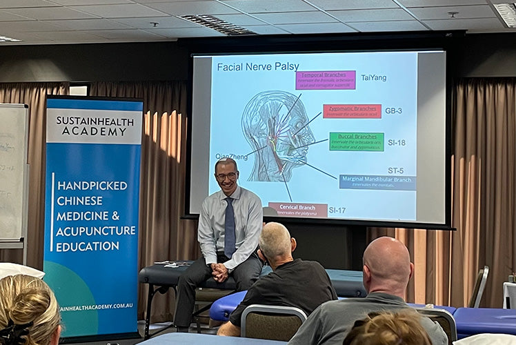 Dr Poney Chiang teaching with a facial nerve diagram on screen